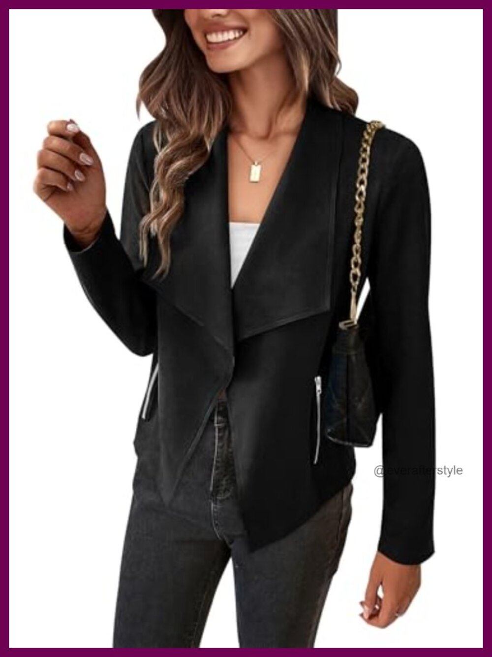 Faux Suede Cropped Jacket Waterfall Collar Open Front Zip Pockets